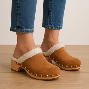 Caslon Suede Shearling Lined Clogs 10M Tan Slip On Wooden Sole Studded Mule
